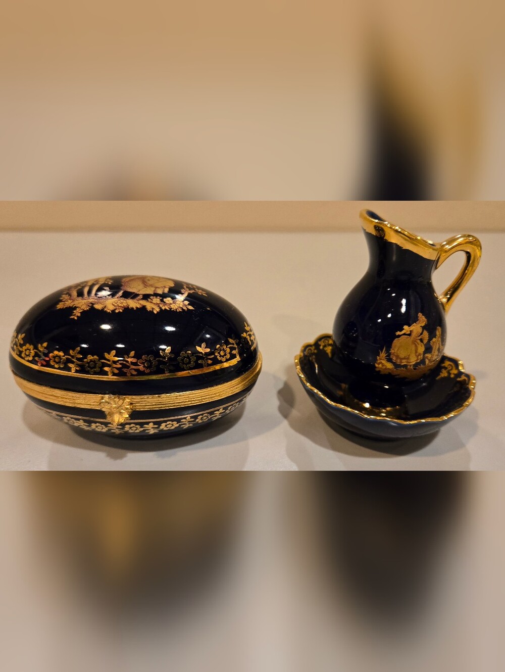 Limoges 3 Piece Porcelain Set Egg Shaped Trinket Box And Mini Pitcher And Bowl